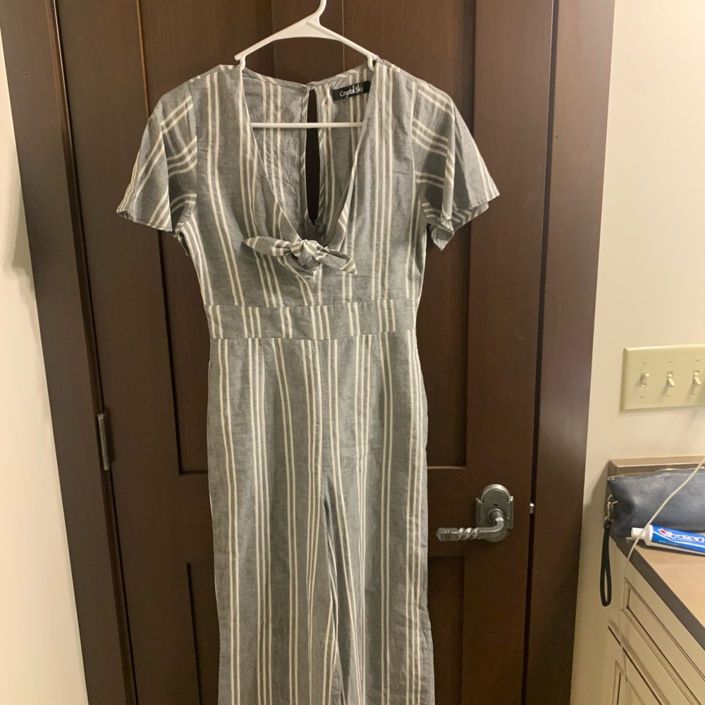 Crystal Sky Gray and White Striped Jumpsuit